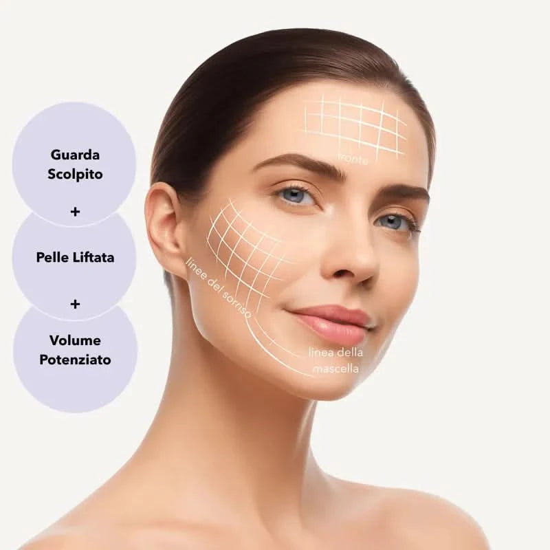 Woman's face with marked areas and text indicating skin treatment.