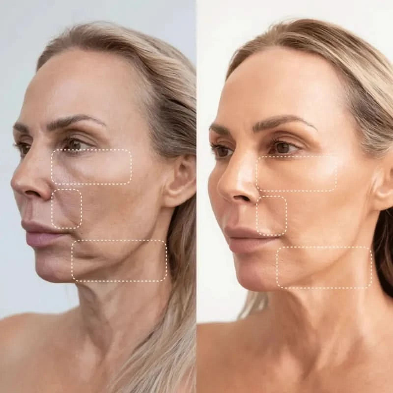 Woman's face before and after a procedure, with dotted rectangles highlighting problem areas.
