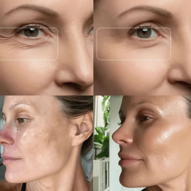 Cosmetic before-and-after image showing reduced wrinkles and hyperpigmentation. 

